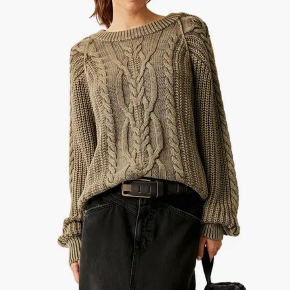 Free People Cable Knit Sweater in Olive